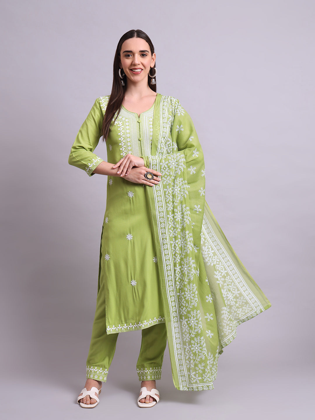 Green Cotton & Embroidery Work Kurta With Pant Sets with dupatta