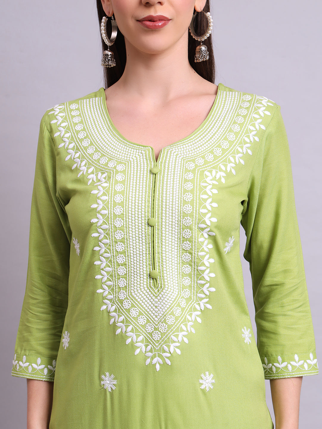 Green Cotton & Embroidery Work Kurta With Pant Sets with dupatta