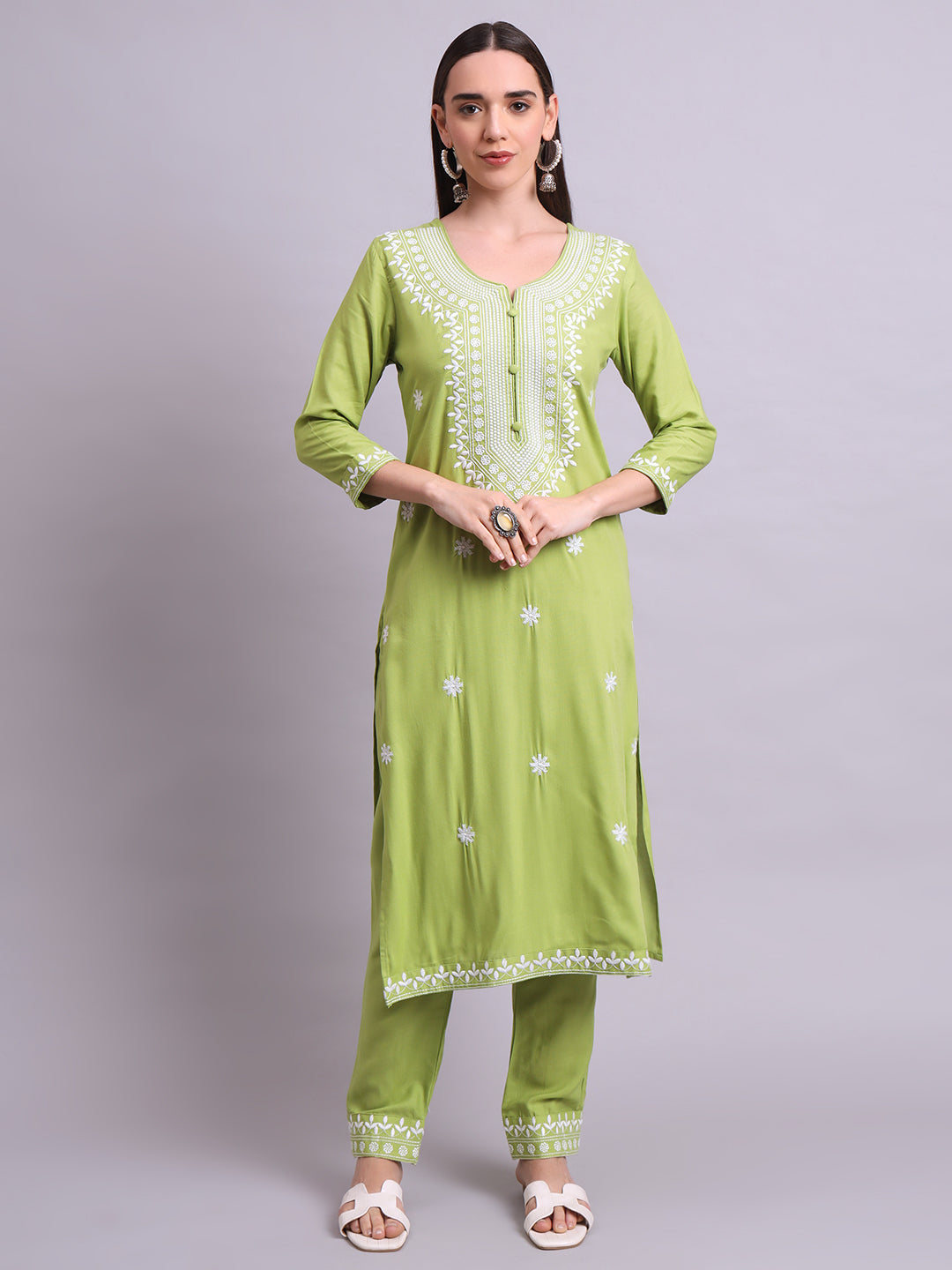 Green Cotton & Embroidery Work Kurta With Pant Sets with dupatta