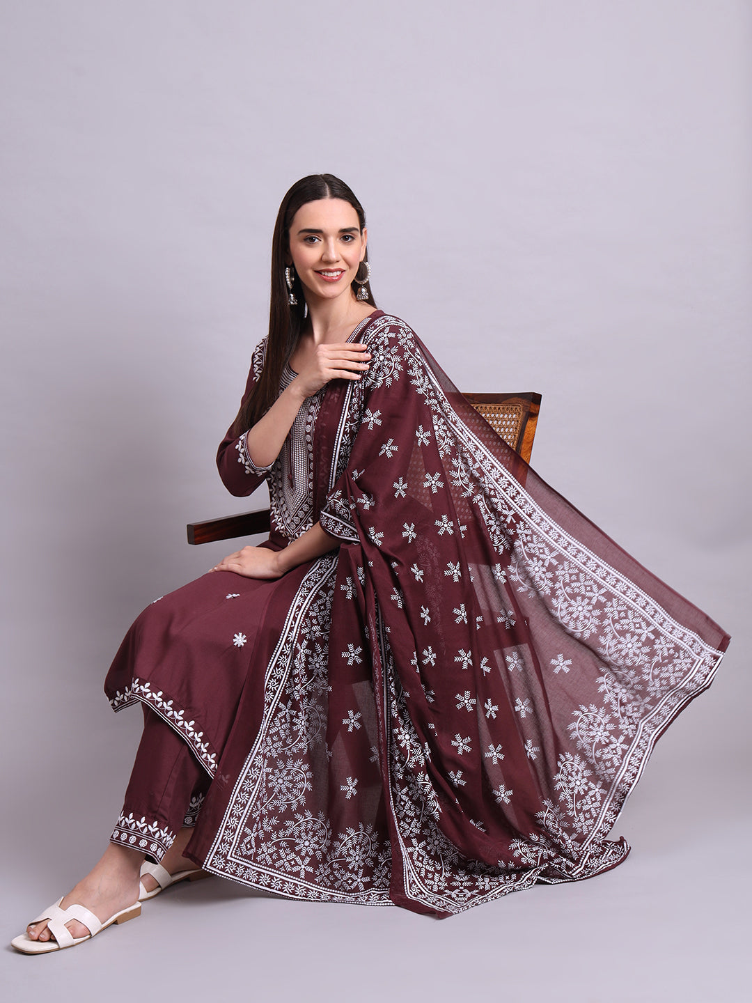 Brown Cotton & Embroidery Work Kurta With Pant Sets with dupatta