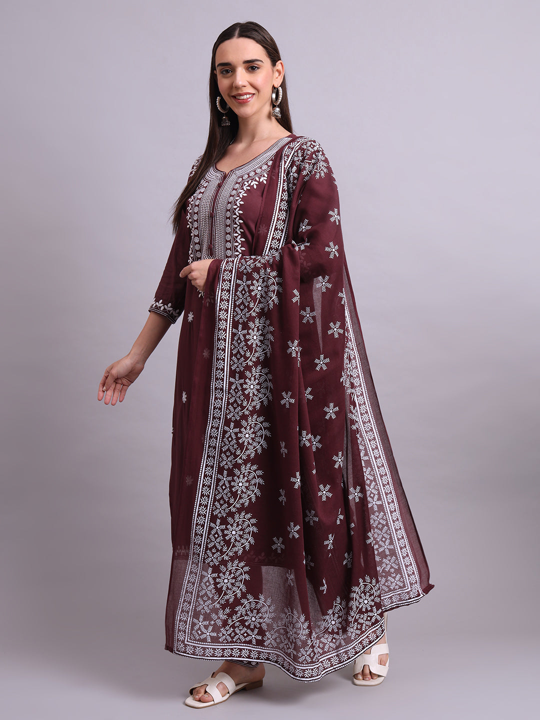 Brown Cotton & Embroidery Work Kurta With Pant Sets with dupatta