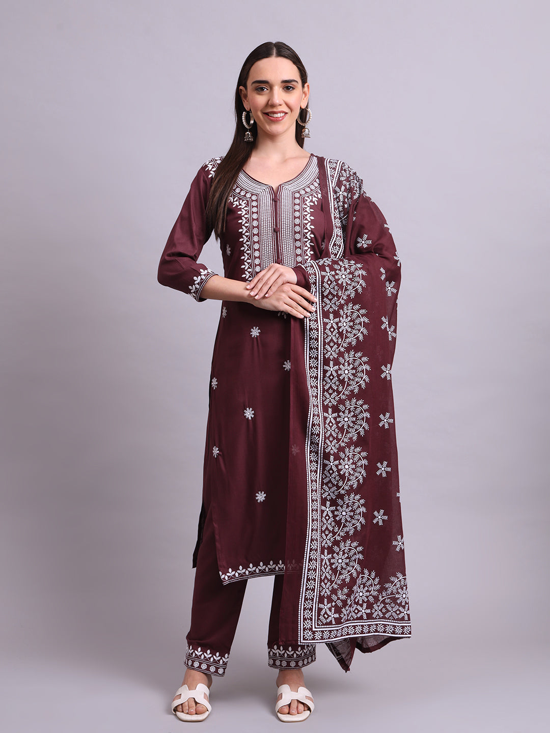Brown Cotton & Embroidery Work Kurta With Pant Sets with dupatta