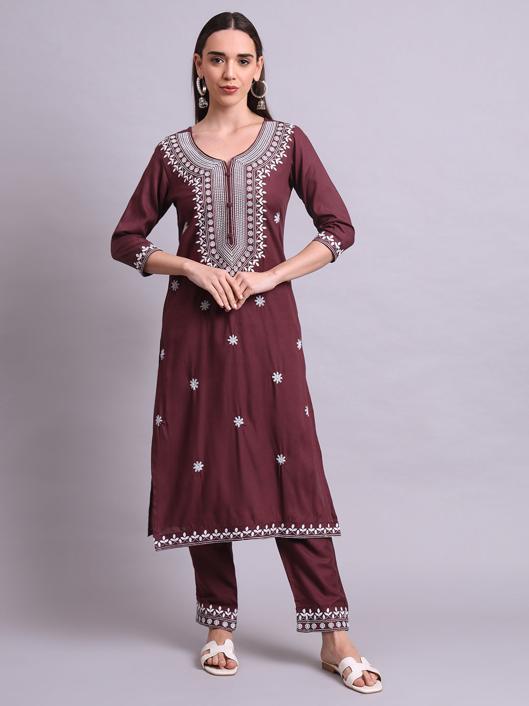 Brown Cotton & Embroidery Work Kurta With Pant Sets with dupatta