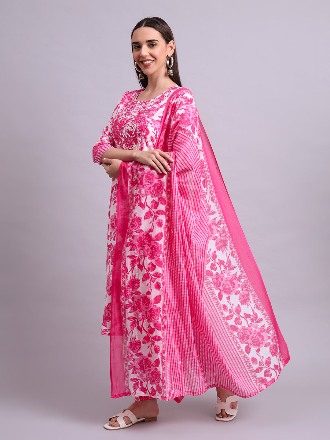 Pink Cotton Floral Printed & Embroidery Work Kurta With Pant Sets with dupatta