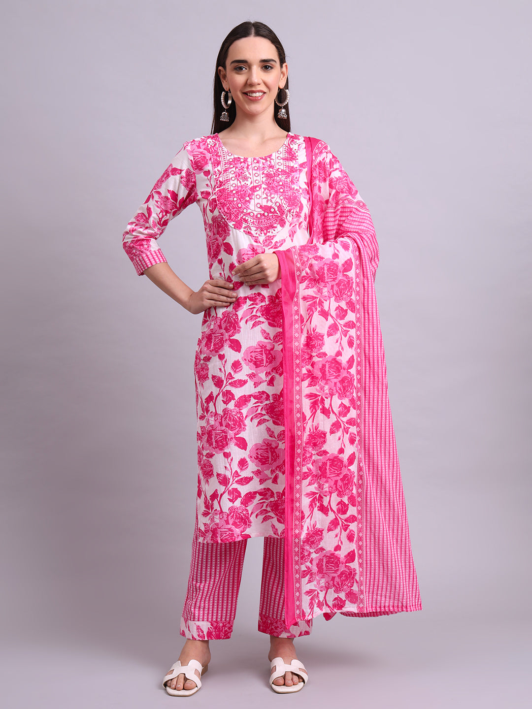 Pink Cotton Floral Printed & Embroidery Work Kurta With Pant Sets with dupatta