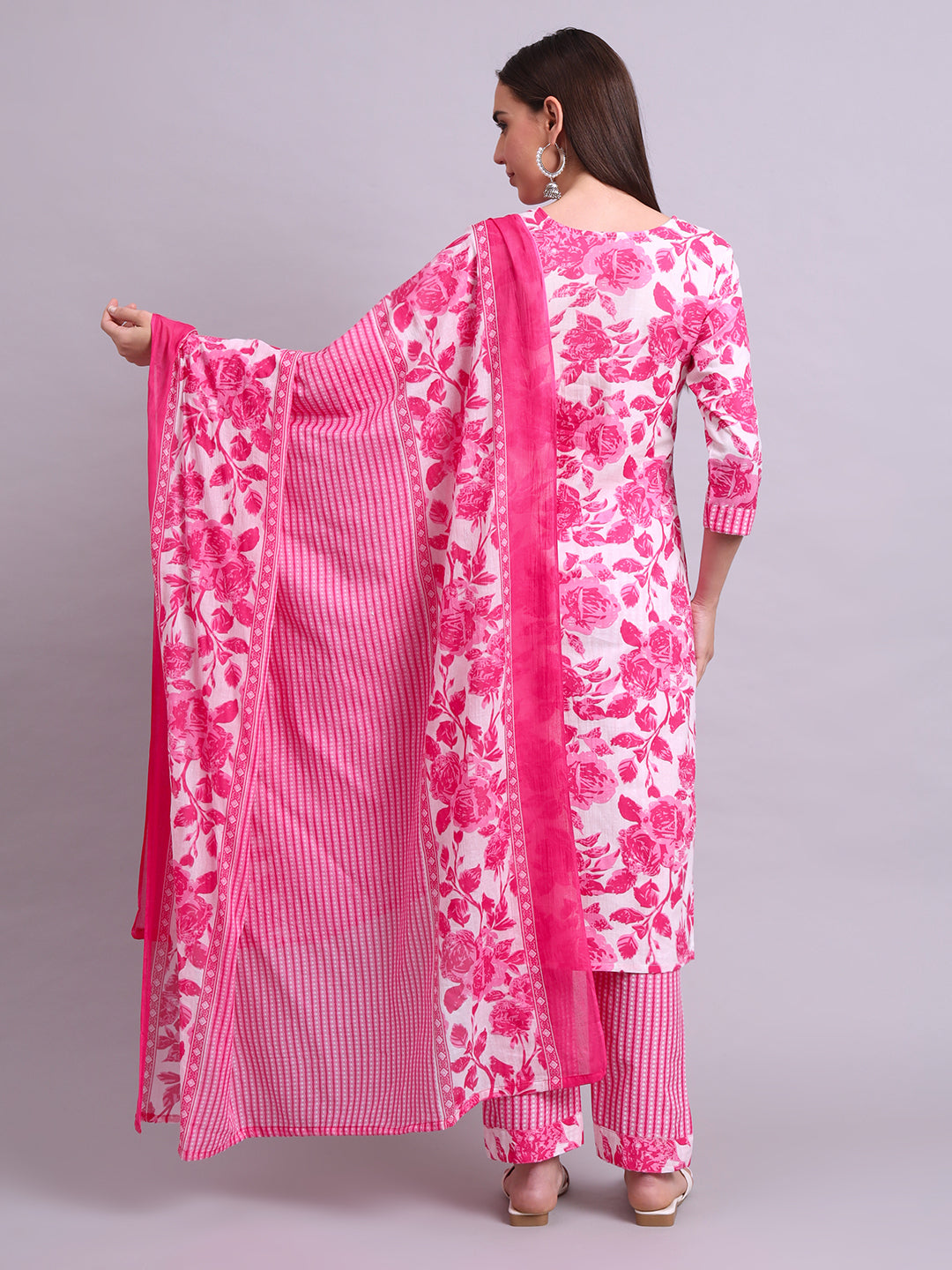 Pink Cotton Floral Printed & Embroidery Work Kurta With Pant Sets with dupatta