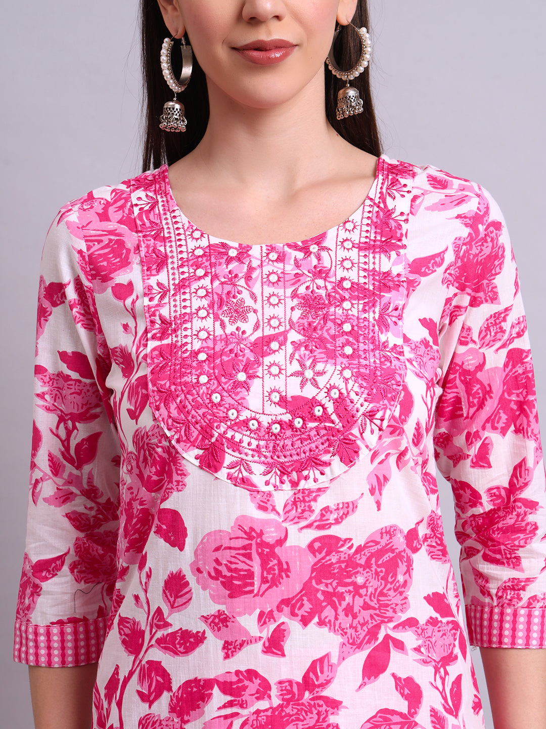 Pink Cotton Floral Printed & Embroidery Work Kurta With Pant Sets with dupatta