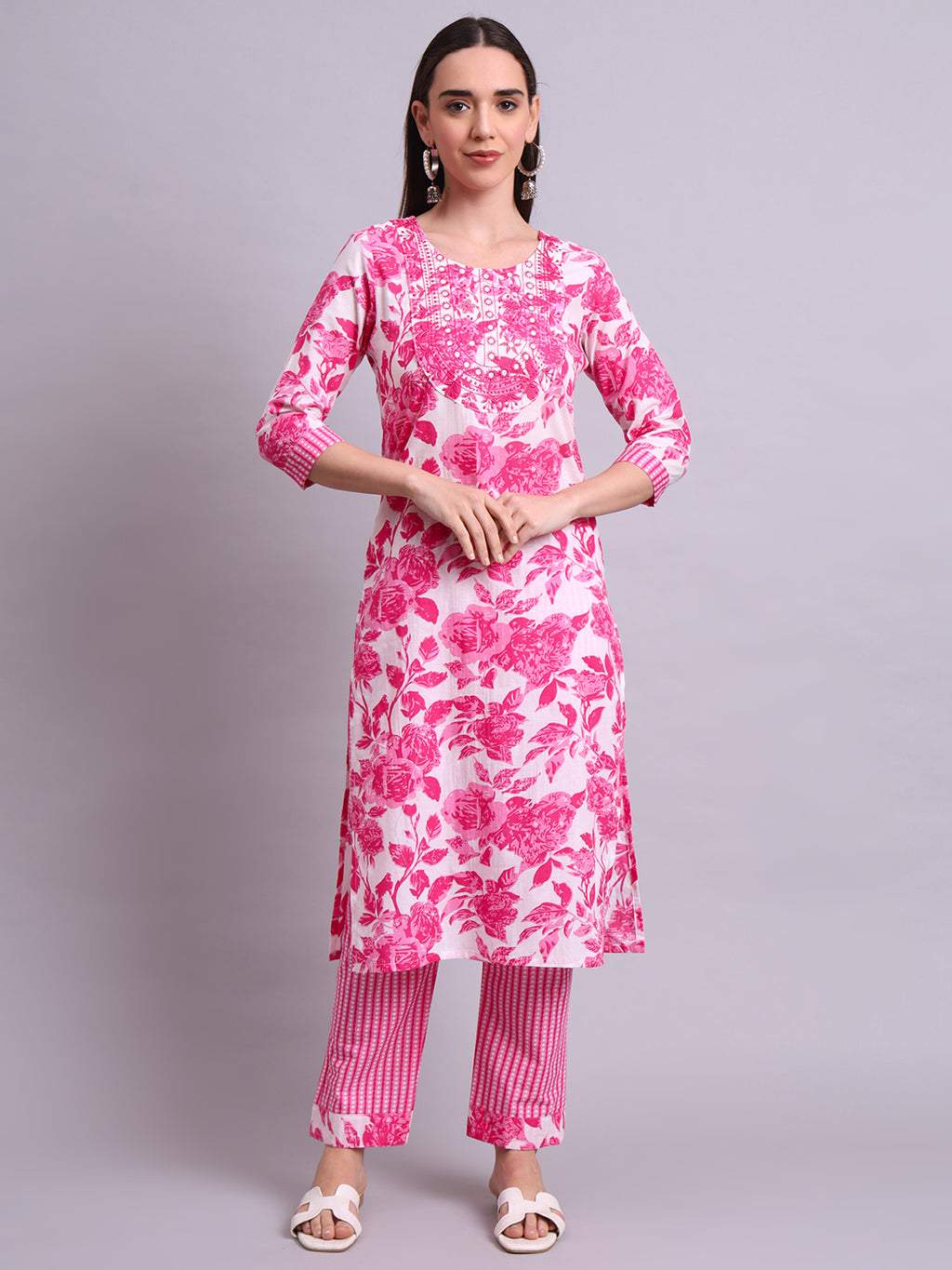 Pink Cotton Floral Printed & Embroidery Work Kurta With Pant Sets with dupatta