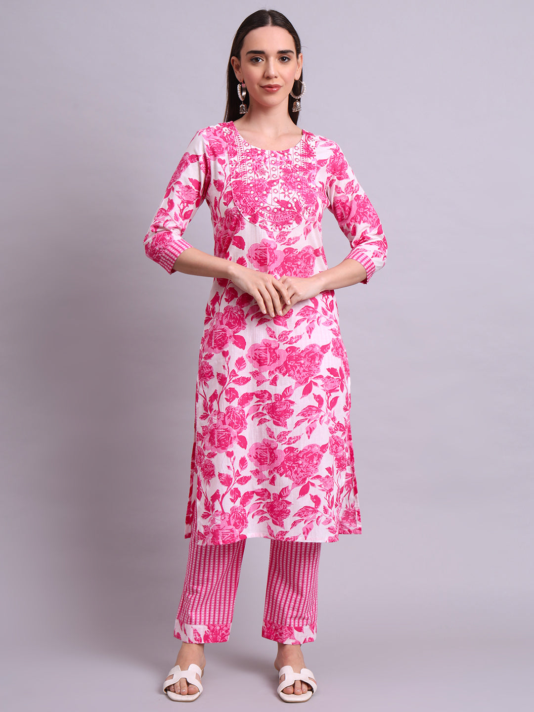 Pink Cotton Floral Printed & Embroidery Work Kurta With Pant Sets with dupatta