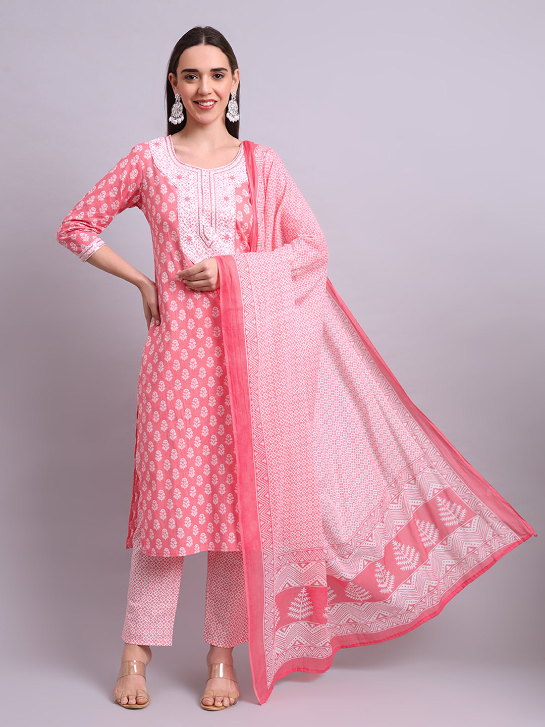 Red Cotton Buti Printed & Embroidery Work Kurta With Pant Sets with dupatta