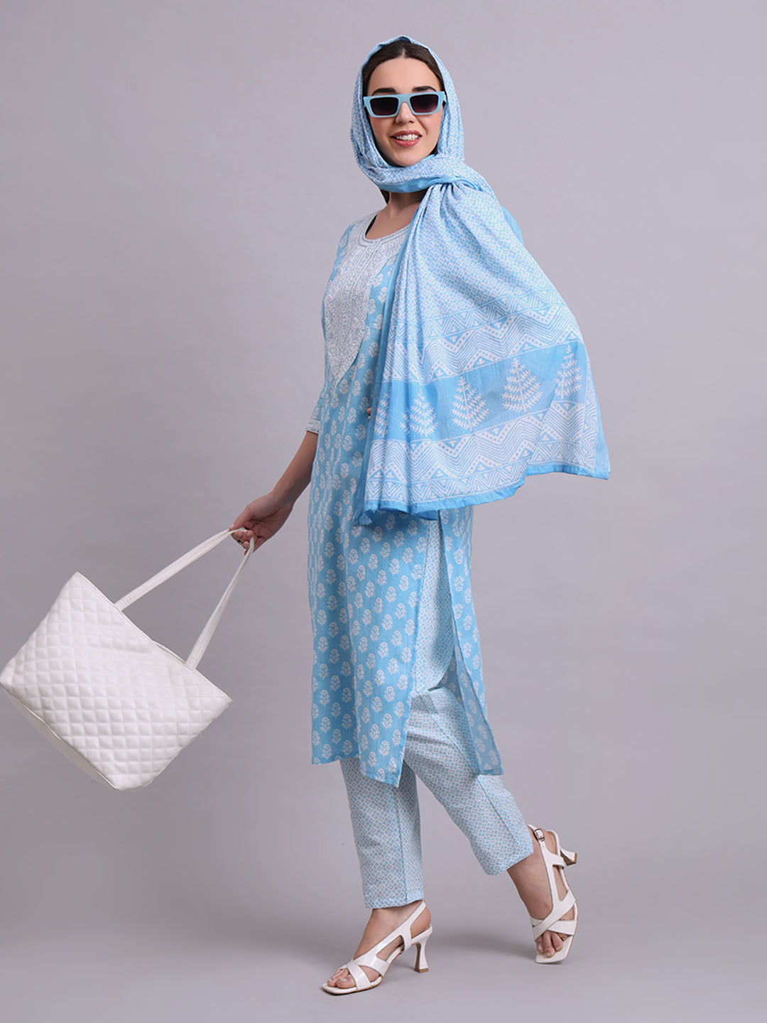 Sky Blue Cotton Buti Printed & Embroidery Work Kurta With Pant Sets with dupatta
