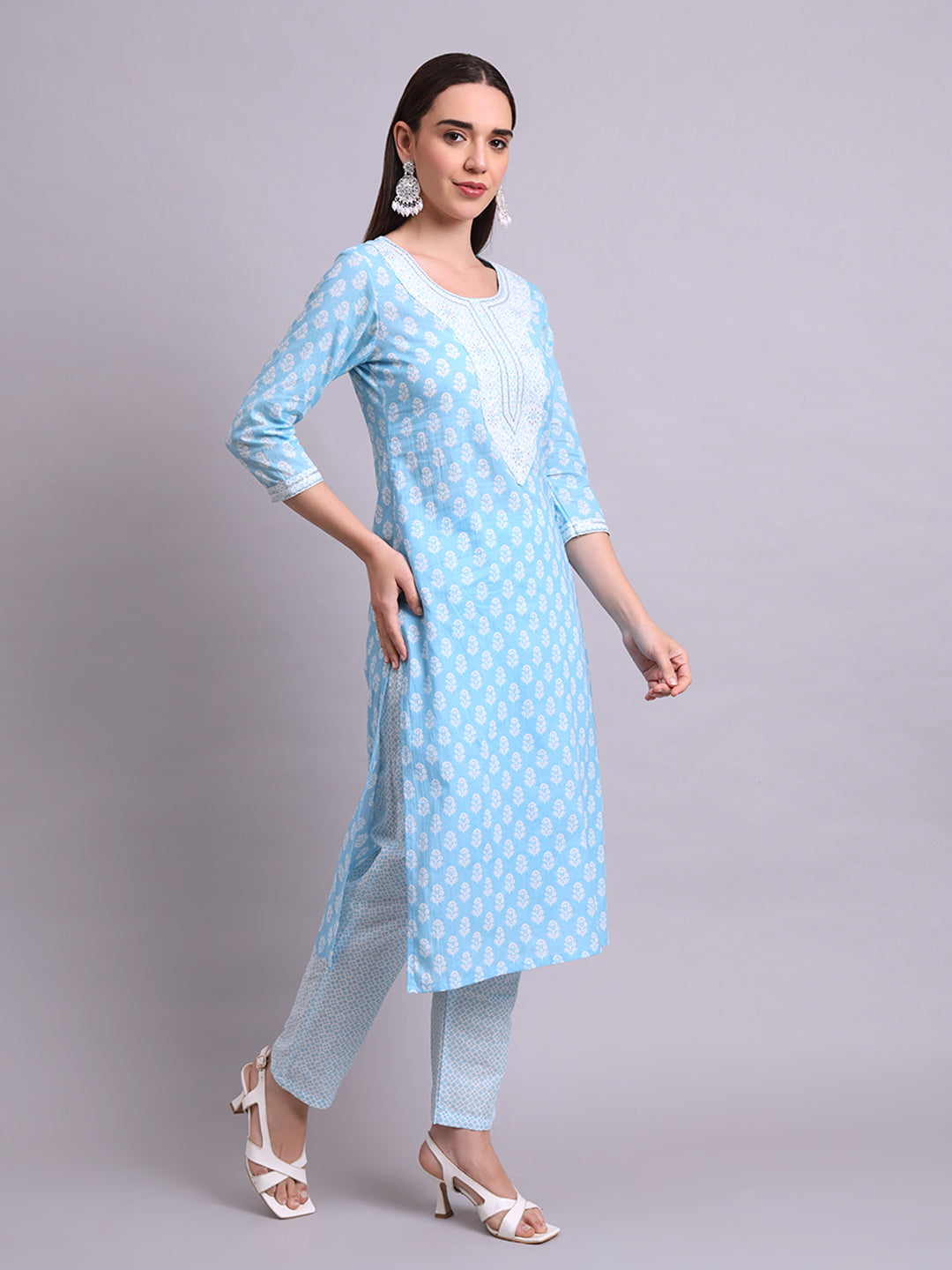 Sky Blue Cotton Buti Printed & Embroidery Work Kurta With Pant Sets with dupatta