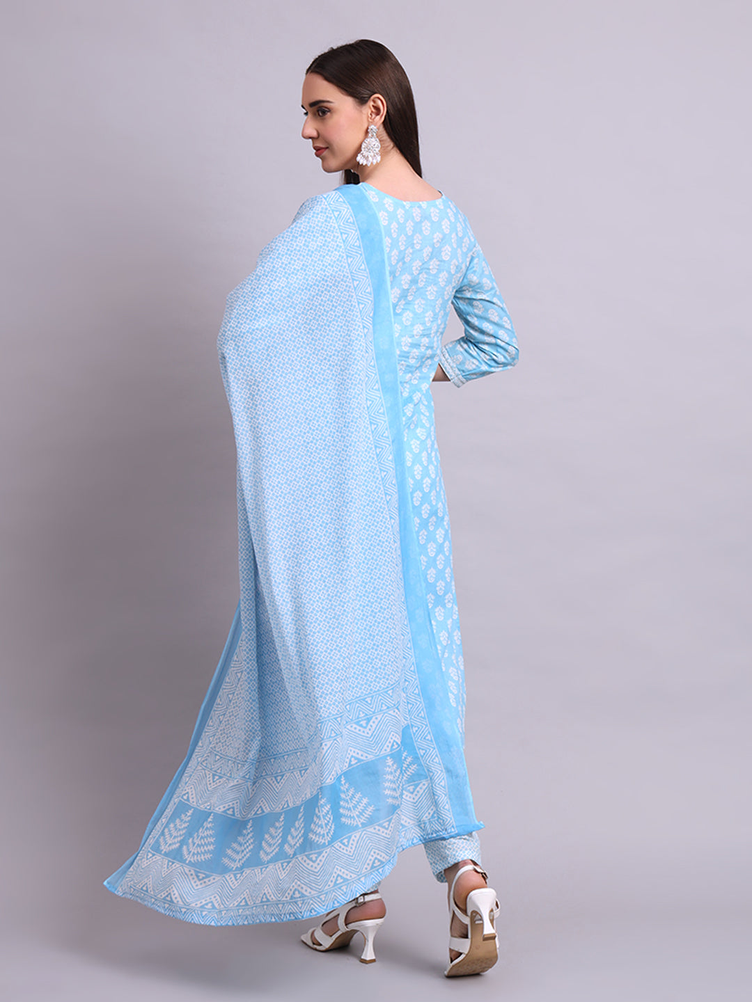 Sky Blue Cotton Buti Printed & Embroidery Work Kurta With Pant Sets with dupatta