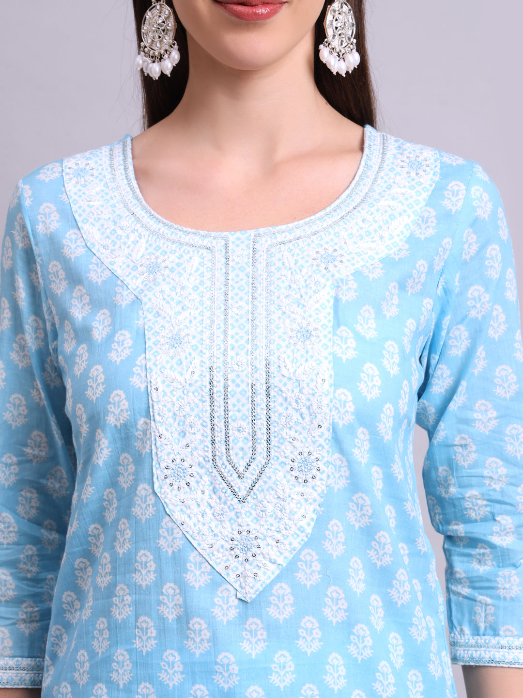 Sky Blue Cotton Buti Printed & Embroidery Work Kurta With Pant Sets with dupatta