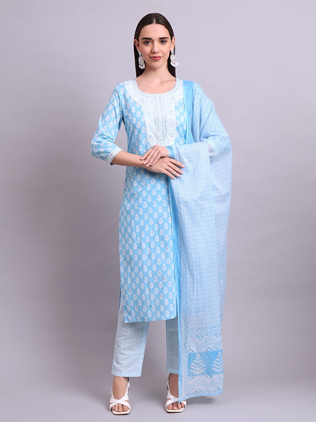 Sky Blue Cotton Buti Printed & Embroidery Work Kurta With Pant Sets with dupatta