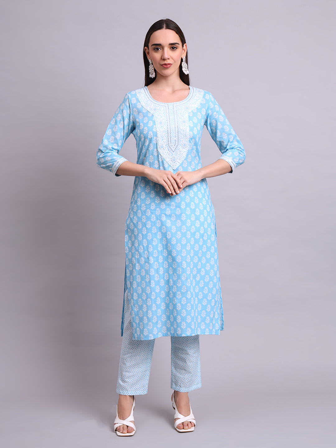 Sky Blue Cotton Buti Printed & Embroidery Work Kurta With Pant Sets with dupatta