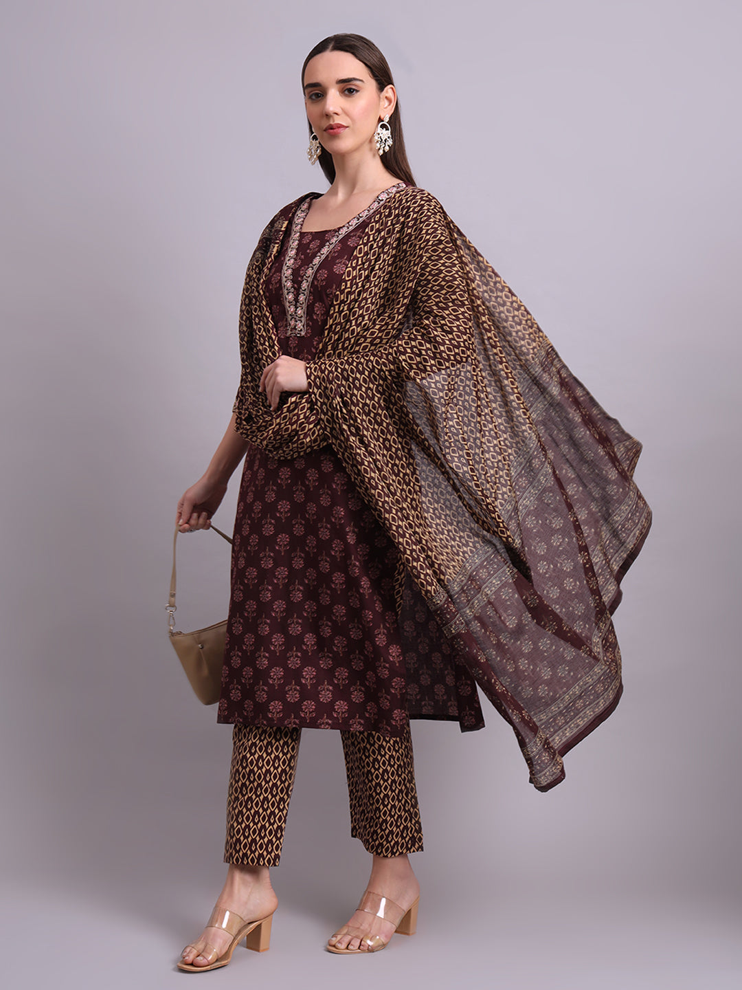 Brown Cotton Buti Printed & Embroidery Work Kurta With Pant and dupatta