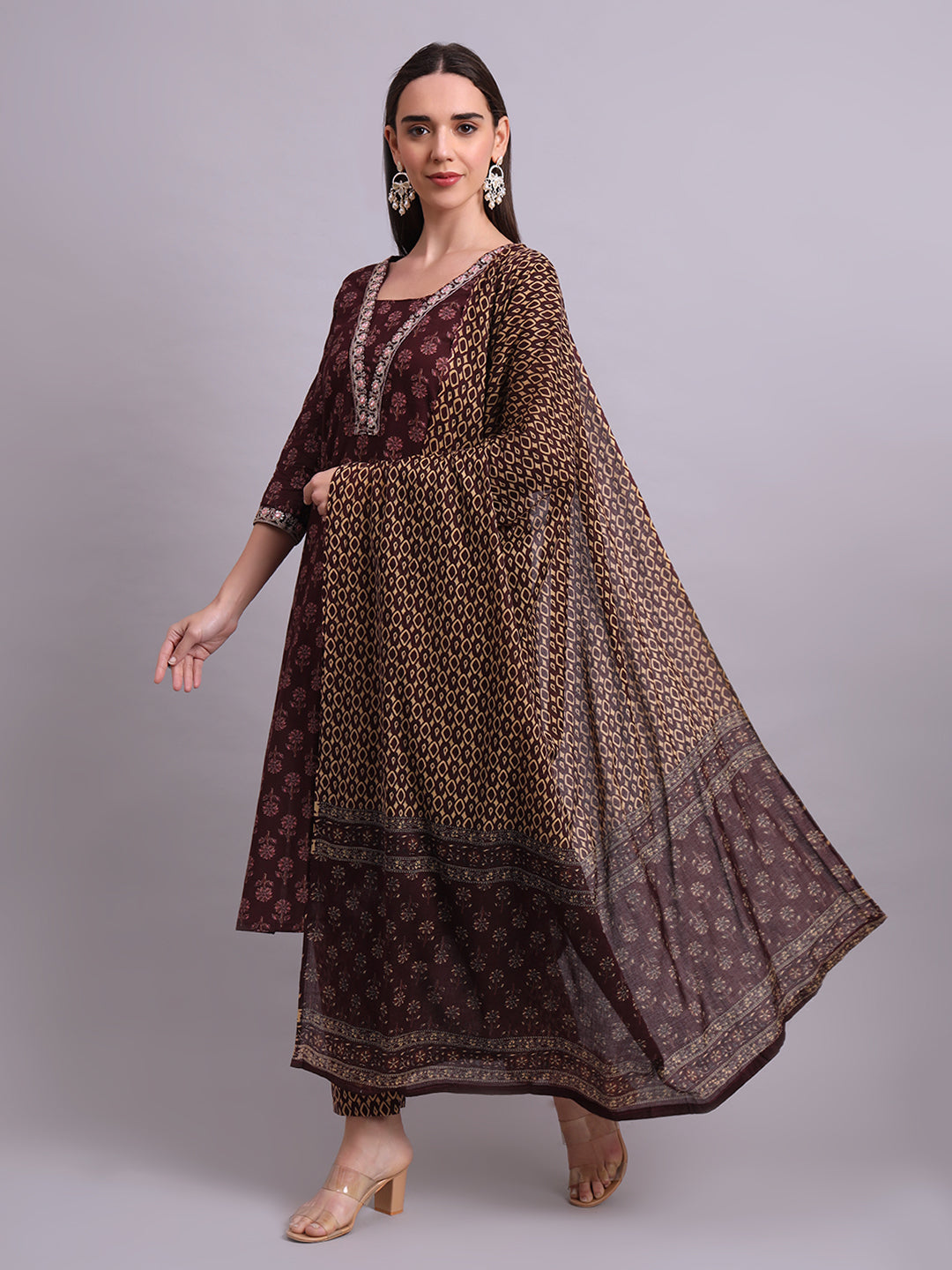 Brown Cotton Buti Printed & Embroidery Work Kurta With Pant and dupatta