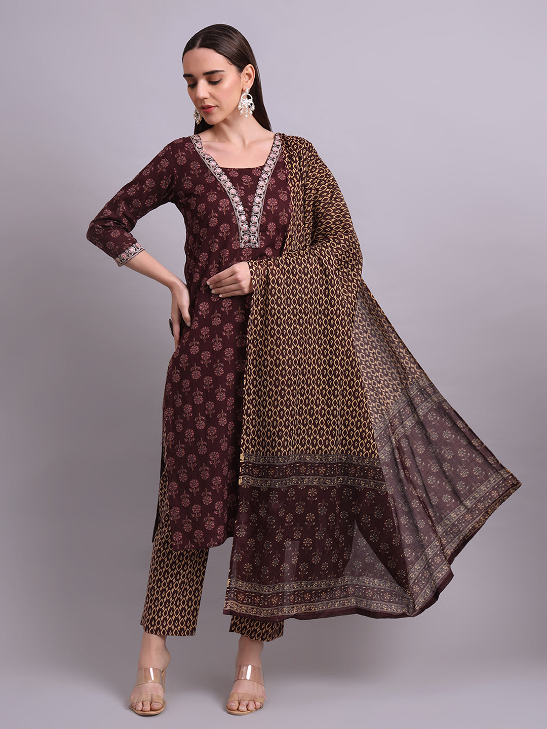 Brown Cotton Buti Printed & Embroidery Work Kurta With Pant and dupatta