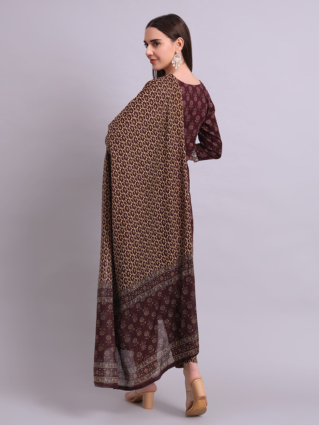 Brown Cotton Buti Printed & Embroidery Work Kurta With Pant and dupatta