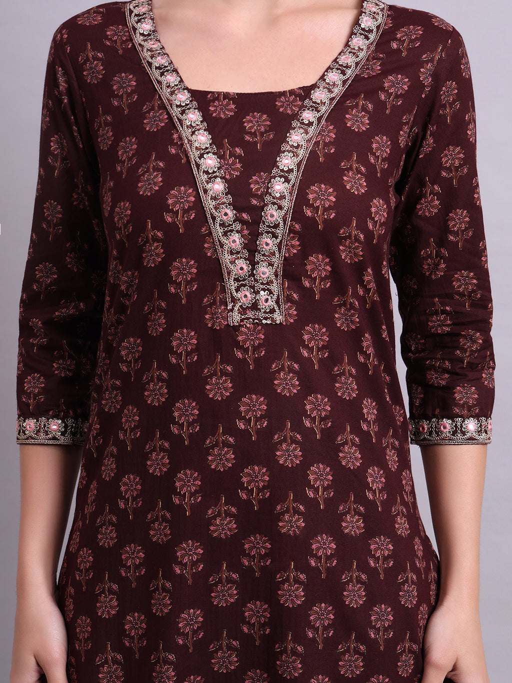 Brown Cotton Buti Printed & Embroidery Work Kurta With Pant and dupatta