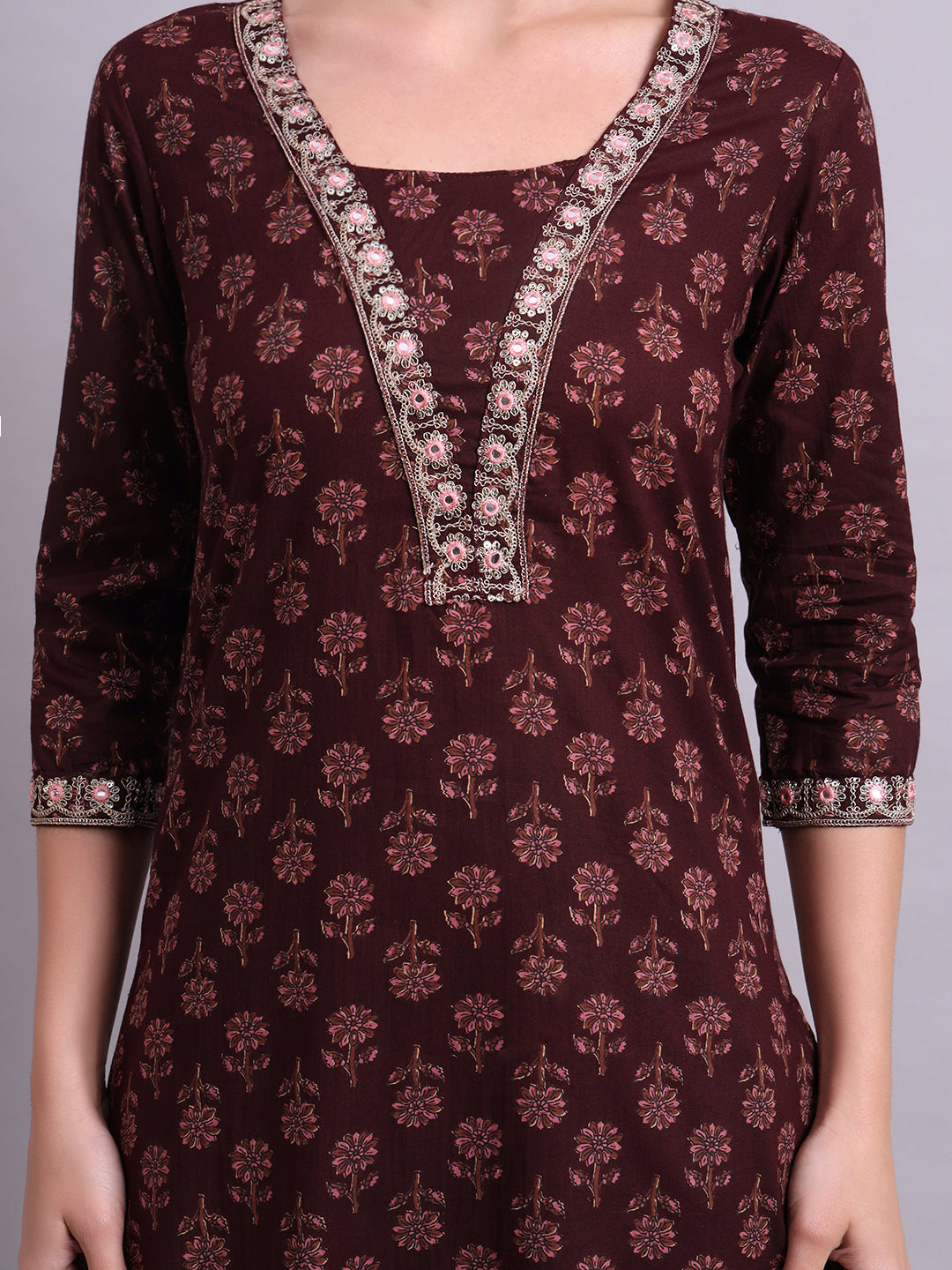 Brown Cotton Buti Printed & Embroidery Work Kurta With Pant and dupatta