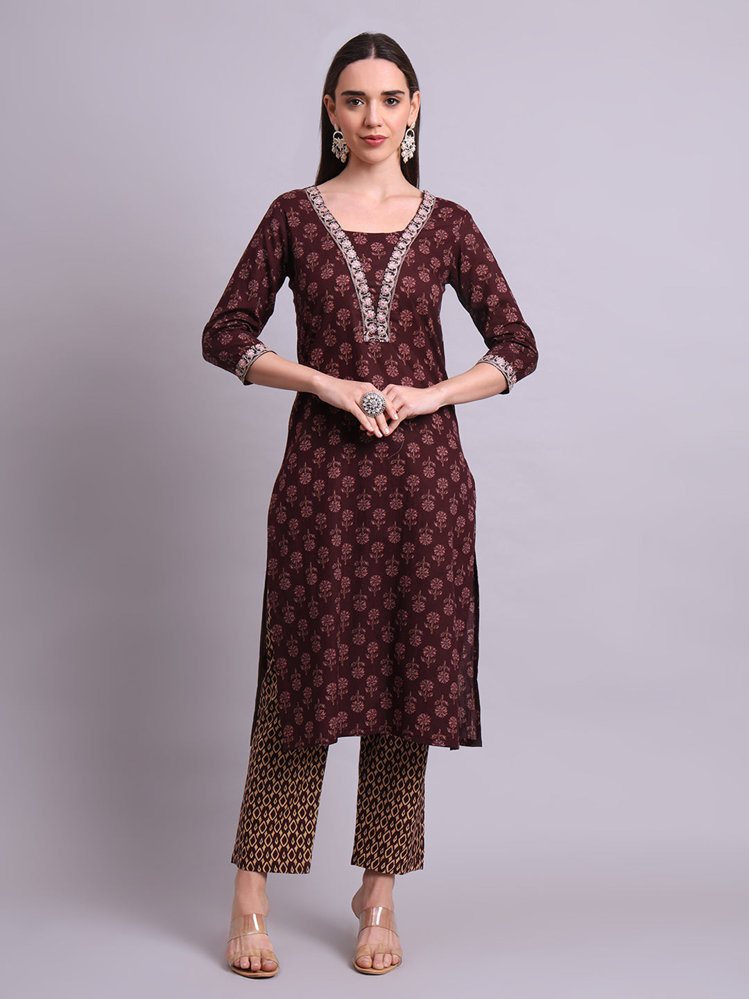 Brown Cotton Buti Printed & Embroidery Work Kurta With Pant and dupatta