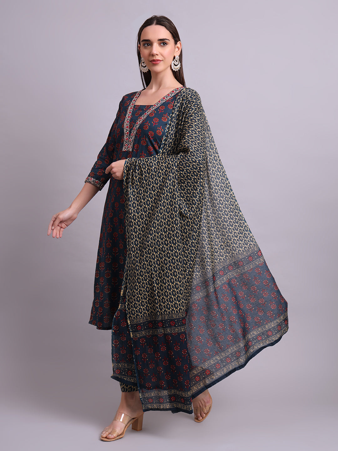 Blue Cotton Buti Printed & Embroidery Work Kurta With and dupatta