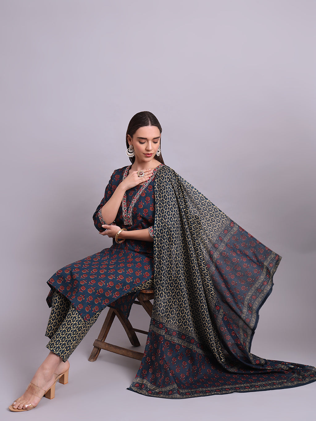 Blue Cotton Buti Printed & Embroidery Work Kurta With and dupatta