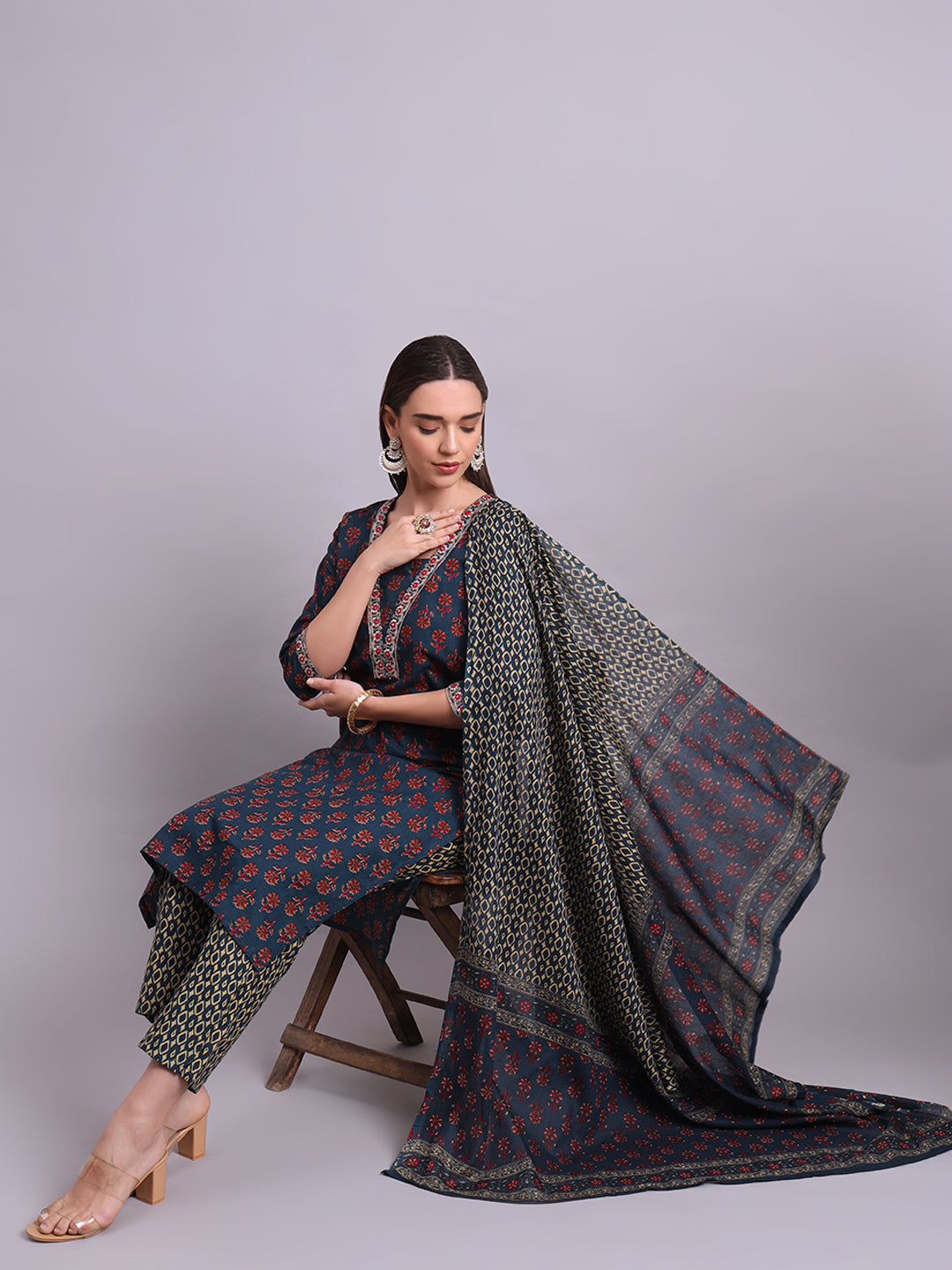 Blue Cotton Buti Printed & Embroidery Work Kurta With and dupatta