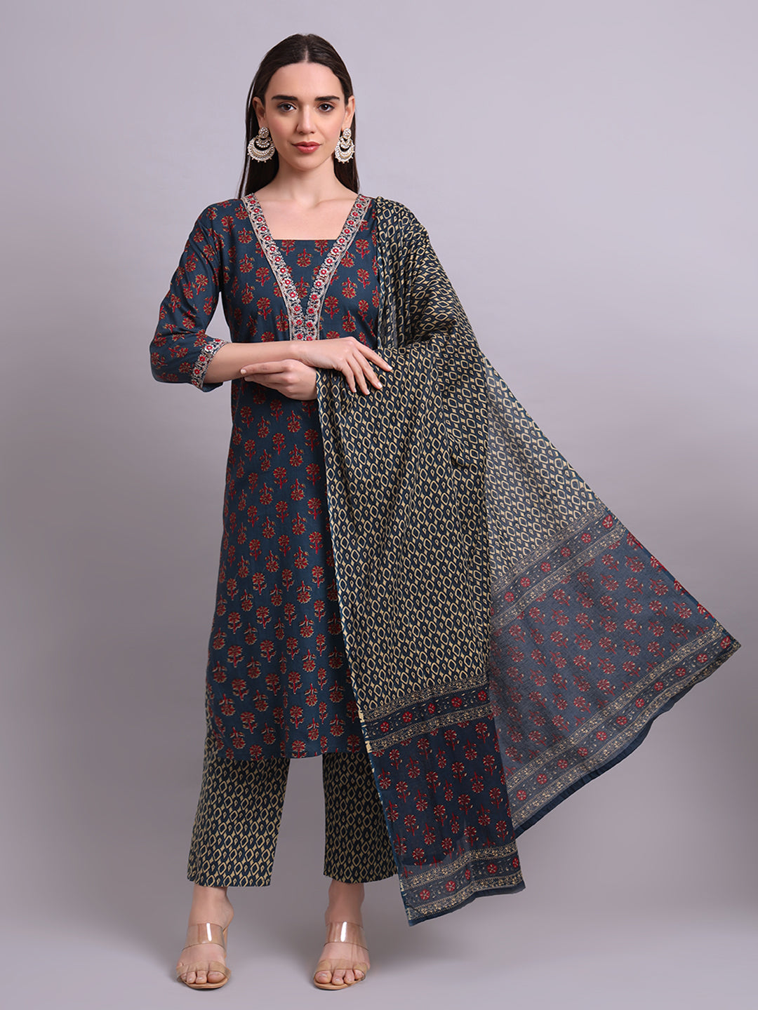 Blue Cotton Buti Printed & Embroidery Work Kurta With and dupatta