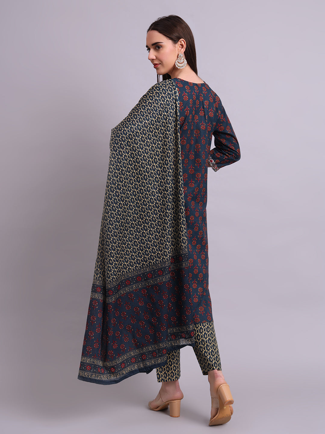 Blue Cotton Buti Printed & Embroidery Work Kurta With and dupatta