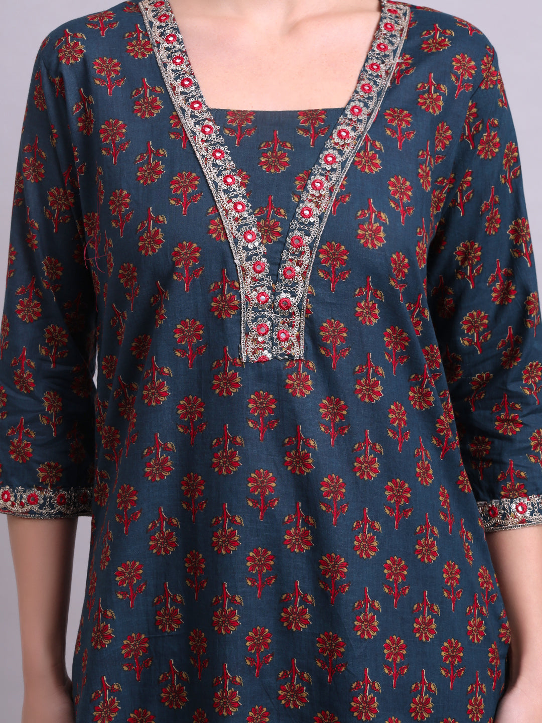 Blue Cotton Buti Printed & Embroidery Work Kurta With and dupatta