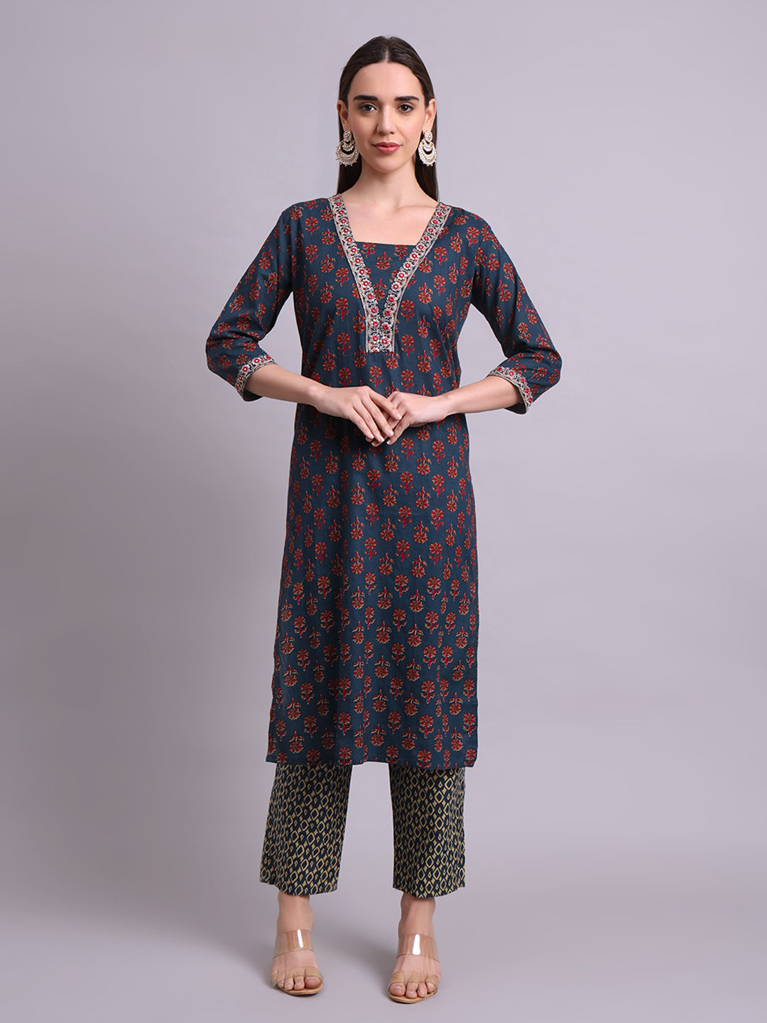 Blue Cotton Buti Printed & Embroidery Work Kurta With and dupatta