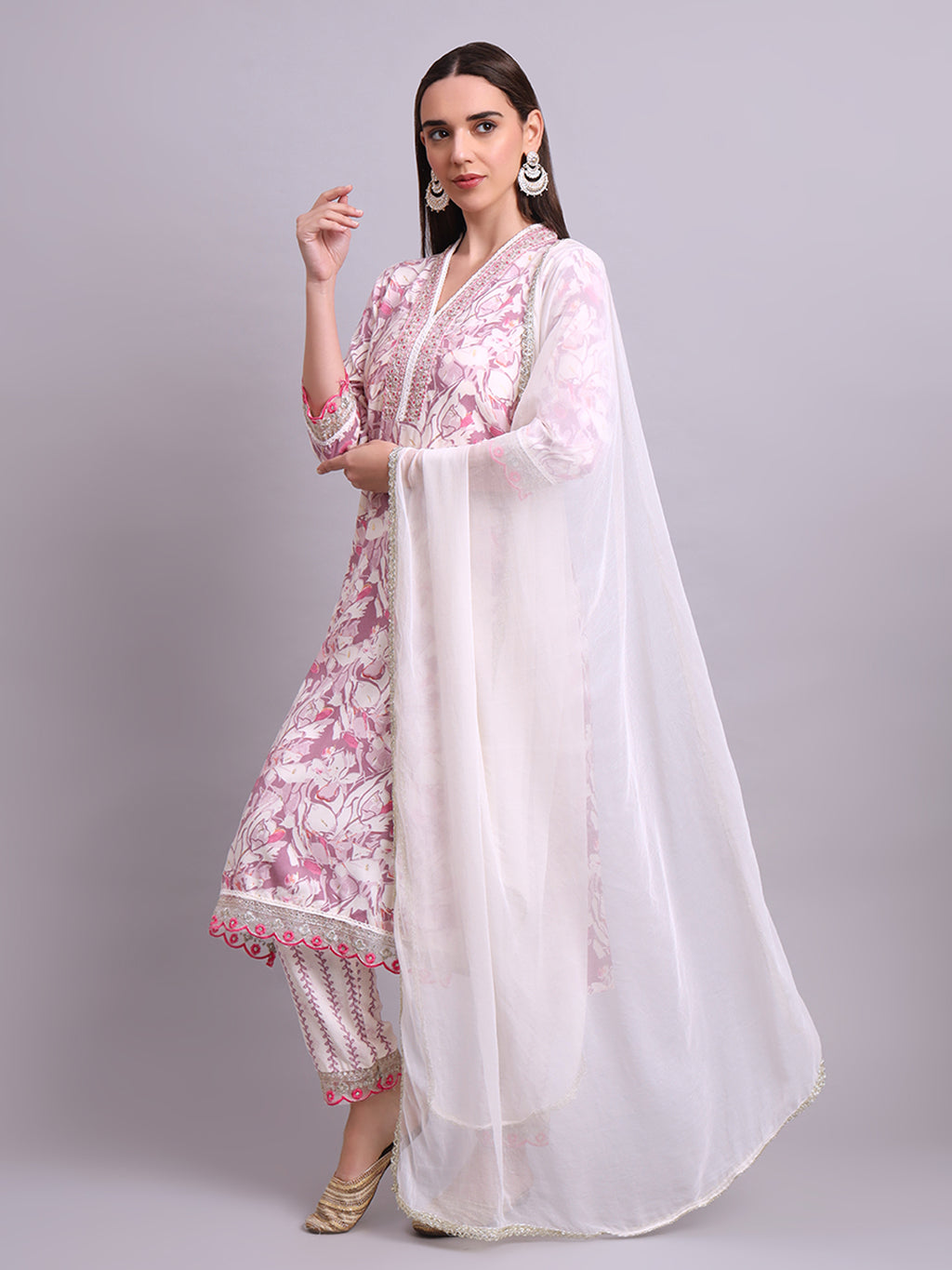Off White Cotton Floral Printed & Embroidery Work Kurta With Pant Sets with dupatta