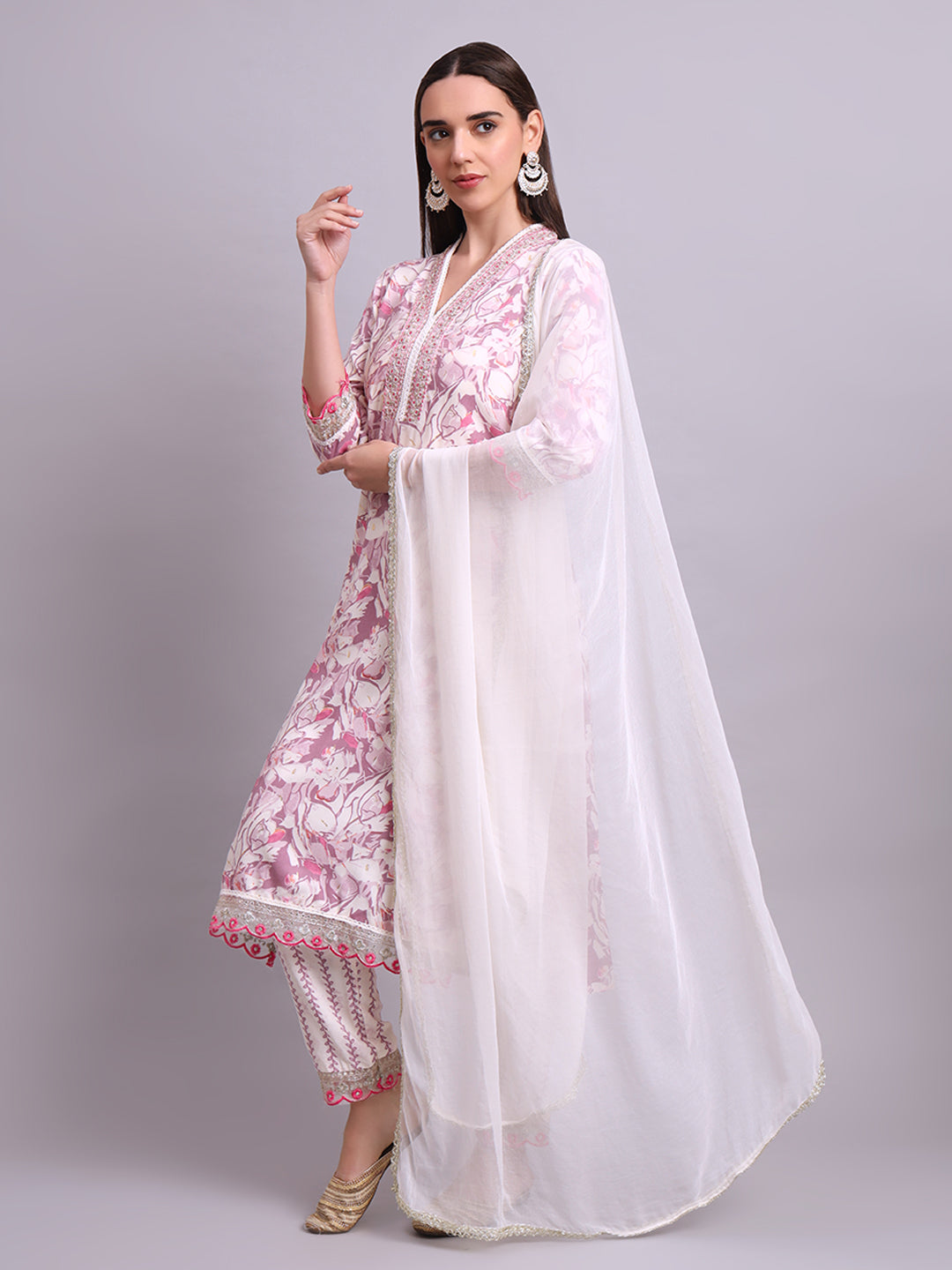 Off White Cotton Floral Printed & Embroidery Work Kurta With Pant Sets with dupatta
