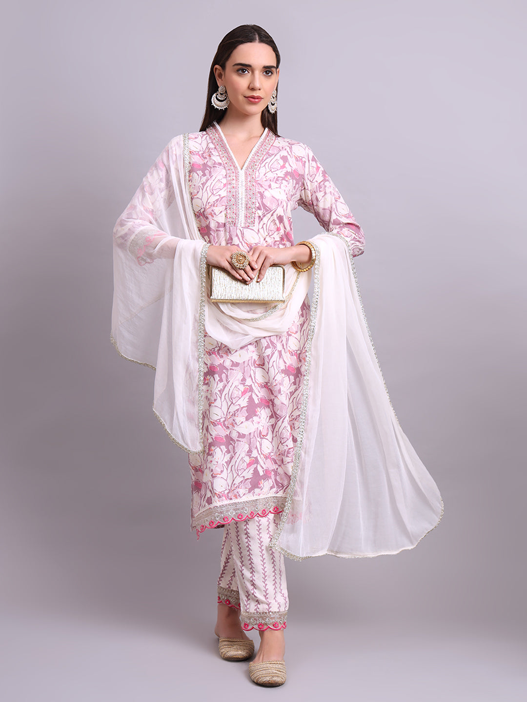 Off White Cotton Floral Printed & Embroidery Work Kurta With Pant Sets with dupatta