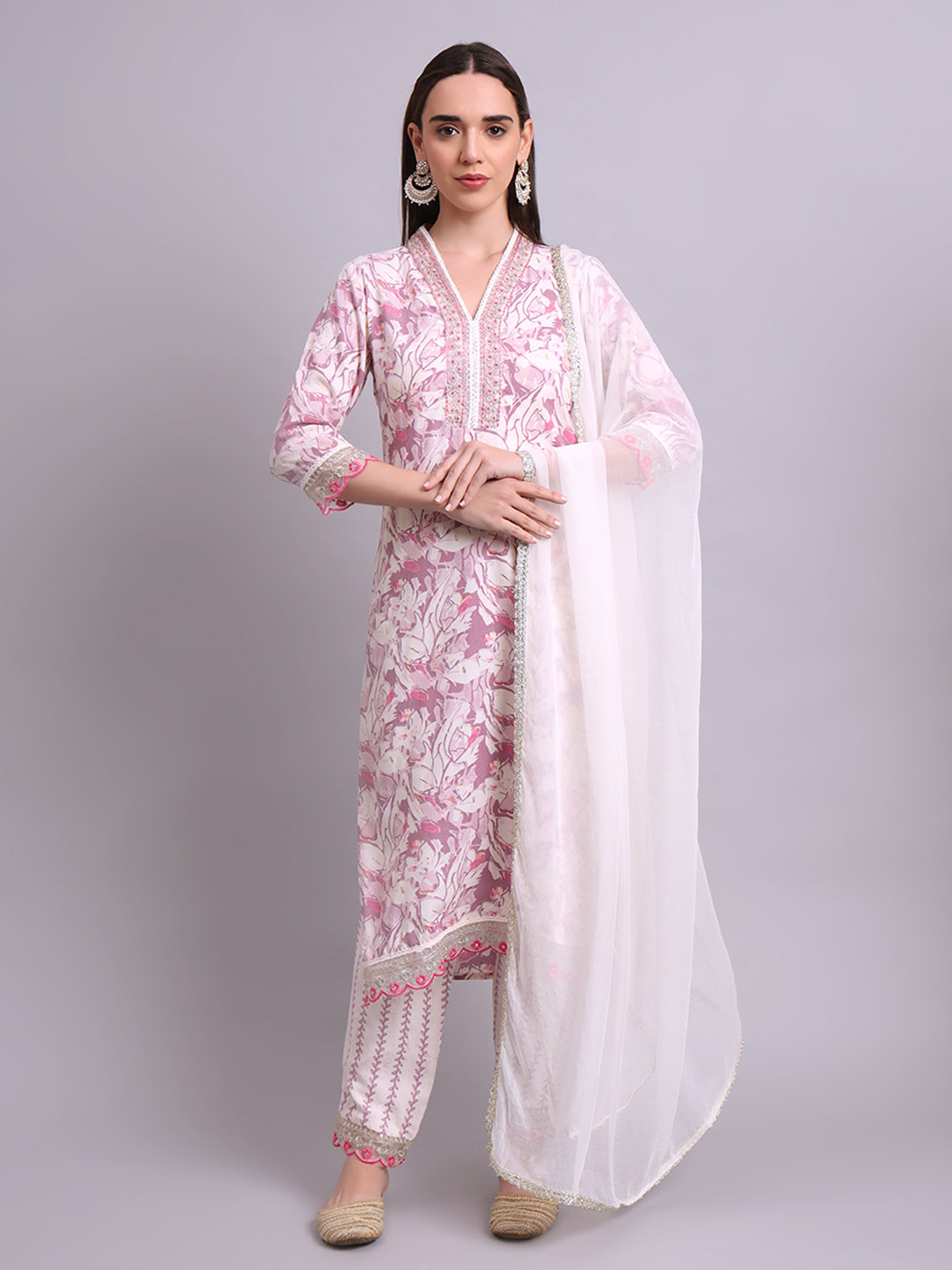 Off White Cotton Floral Printed & Embroidery Work Kurta With Pant Sets with dupatta