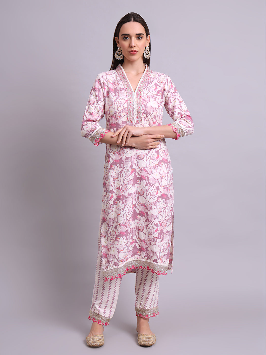 Off White Cotton Floral Printed & Embroidery Work Kurta With Pant Sets with dupatta