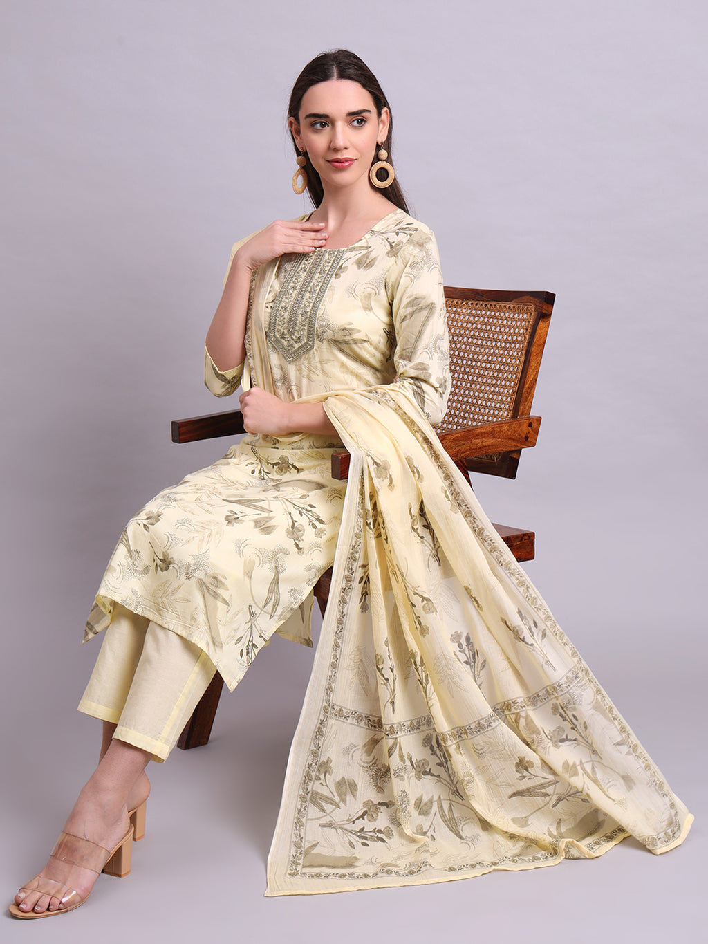 Beige Cotton Printed & Embroidery Kurta With Pant and dupatta