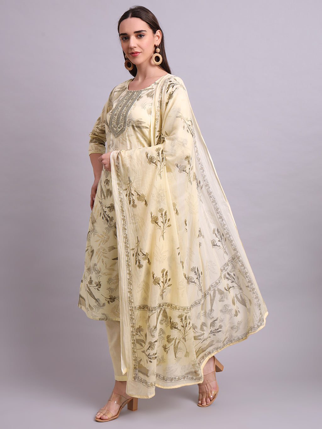 Beige Cotton Printed & Embroidery Kurta With Pant and dupatta