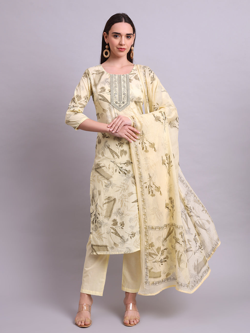 Beige Cotton Printed & Embroidery Kurta With Pant and dupatta