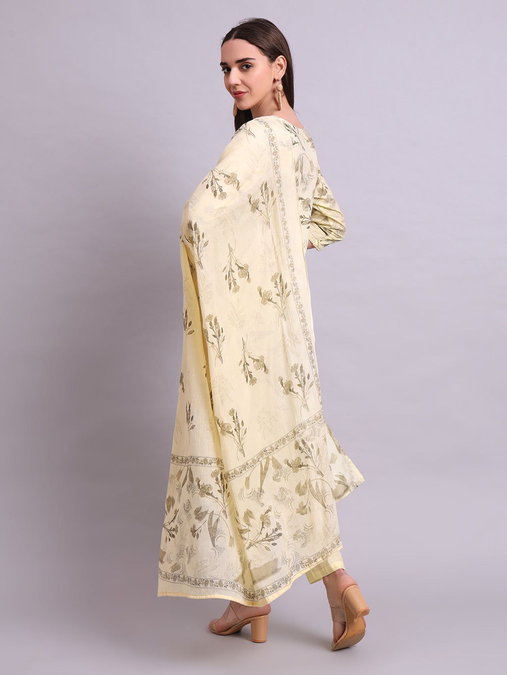 Beige Cotton Printed & Embroidery Kurta With Pant and dupatta