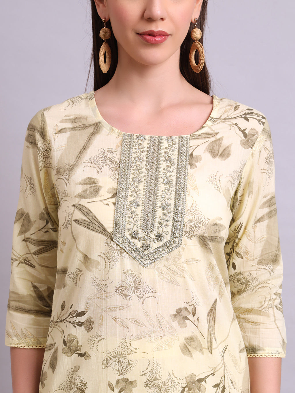 Beige Cotton Printed & Embroidery Kurta With Pant and dupatta