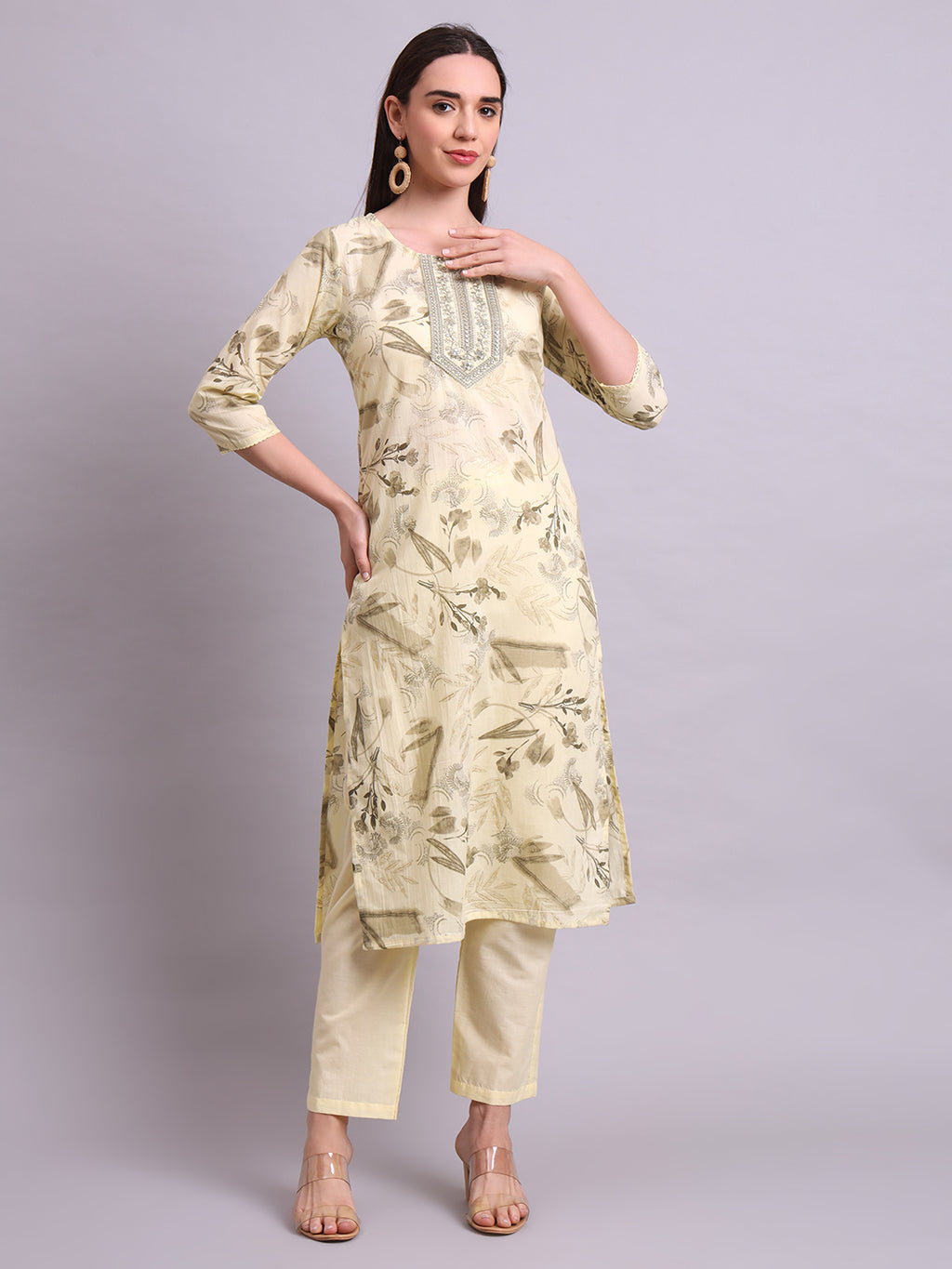 Beige Cotton Printed & Embroidery Kurta With Pant and dupatta