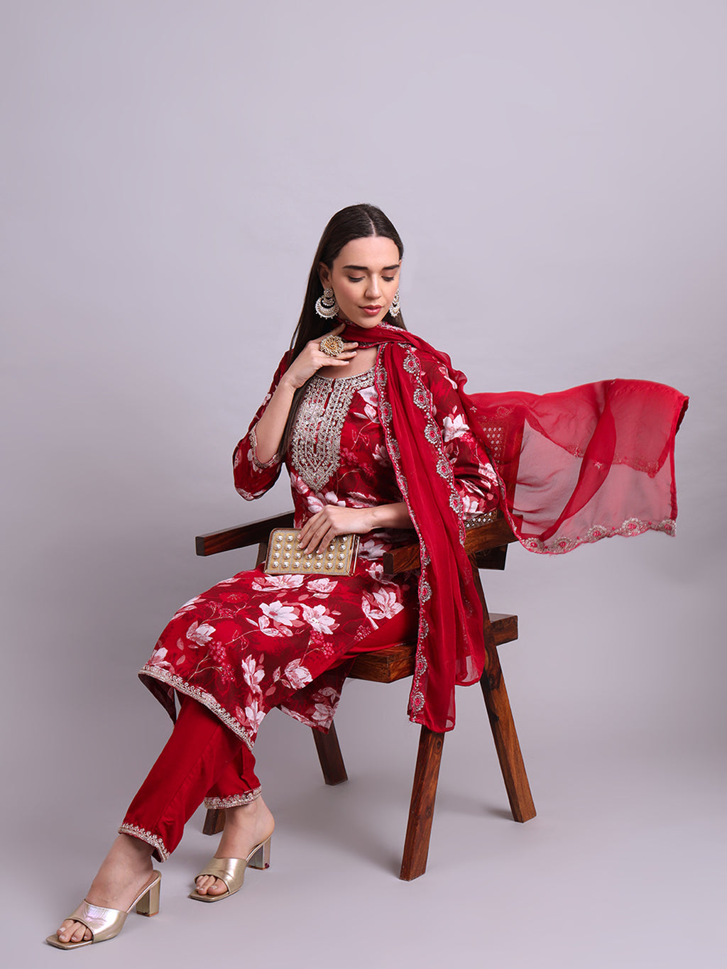 Maroon Cotton Floral Printed & Embroidery Work Kurta With Pant Sets with dupatta