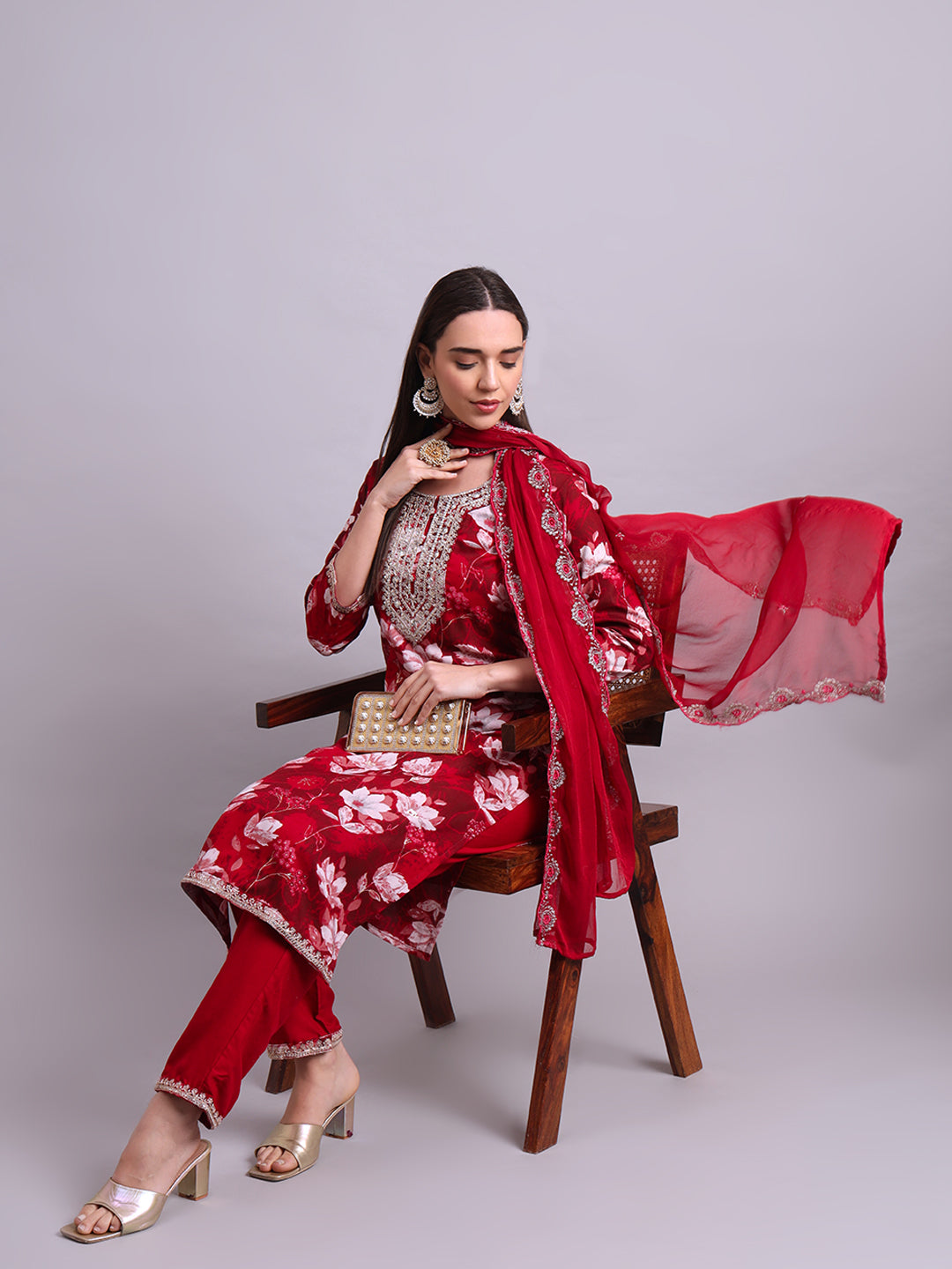 Maroon Cotton Floral Printed & Embroidery Work Kurta With Pant Sets with dupatta