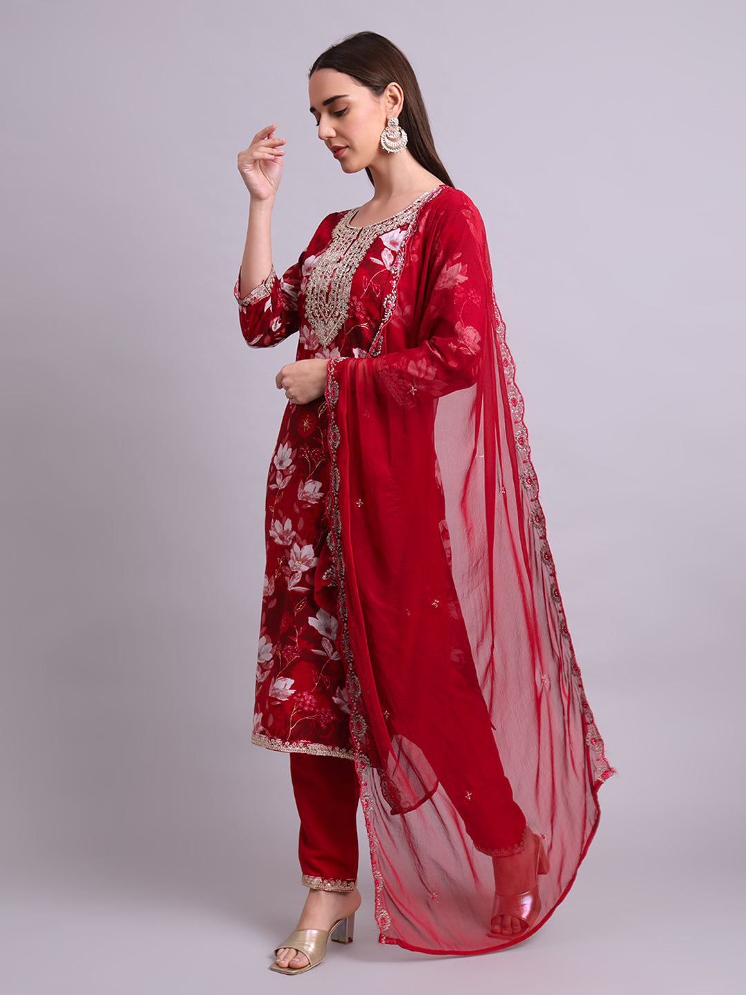 Maroon Cotton Floral Printed & Embroidery Work Kurta With Pant Sets with dupatta