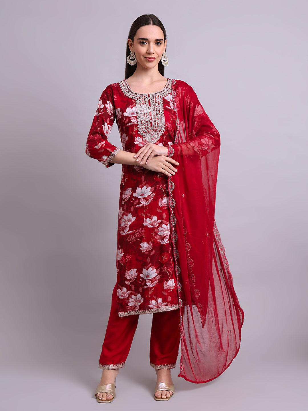 Maroon Cotton Floral Printed & Embroidery Work Kurta With Pant Sets with dupatta