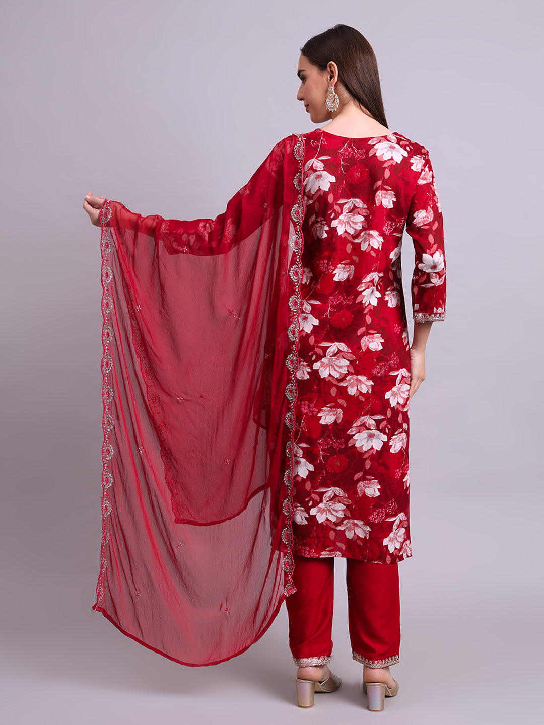Maroon Cotton Floral Printed & Embroidery Work Kurta With Pant Sets with dupatta